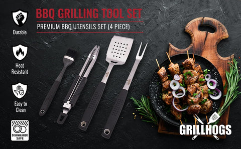 Image of Heavy Duty BBQ Grilling Tool Set, Premium Soft Grip Tongs, Spatula with Bottle Opener and Serrated Edge, Barbecue Meat Fork, Stainless Steel Basting Brush, Premium BBQ Utensils Set (4 Piece)