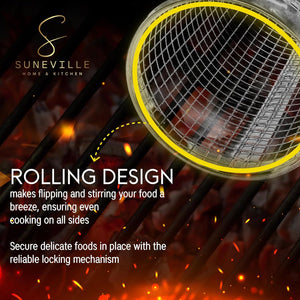 Rolling Grilling Baskets for Outdoor Grill & BBQ - Stainless Steel Mesh Grill Basket for Fish, Shrimp, Meat, Vegetables, Fries and More- Set of 2 Cylindrical Barbeque Basket