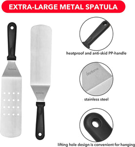 Skyflame 3 Piece Griddle Accessories Kit, Stainless Steel Professional Long BBQ Grill Spatula/Turner & Scraper Set for Flat Top Grill Hibachi Camping Cooking