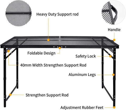 Image of Moosinily Picnic Table 4Ft Grill Table Mesh Top Light Weight Portable Table with Carry Handle Adjustable Height Folding Camping Table for Outdoor Indoor Grill BBQ Travel Barbucue Beach RV Black