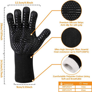 Oven Gloves 932°F Heat Resistant Gloves, XL Size Cut-Resistant Grill Gloves, Non-Slip Silicone BBQ Gloves, Kitchen Safe Cooking Gloves for Men, Oven Mitts,Smoker,Barbecue,Grilling (Black-Xl)