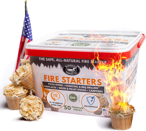 Image of Superior Trading Fire Starter Pods in Plastic Bucket - Fire Starters for Campfires, BBQ, Grill, Pit, Wood Stove & Charcoal Starter, 15-20-Min Burn, 50 Extra Large Pods, USA Made, Brown, 3 Lbs