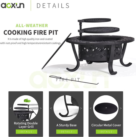 Image of Aoxun 28" Fire Pit,Outdoor Wood Burning Fire Pit with 2 Grills, BBQ Fire Table for Heating,Picnics,Camping