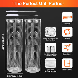 "2PCS Grill Baskets - New-Upgrade Rolling BBQ Mesh for Outdoor Grilling -304 Stainless Steel Barbeque Accessories for Camping, Picnic, and Cookouts - Portable Baskets for Fish, Shrimp, Meat, Vegetables, and Fries - Full Size 12.20X7.87X3.93 Inch