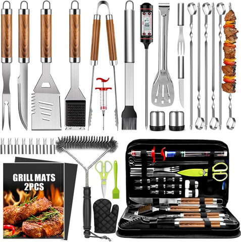 Image of 34Pcs Grill Accessories Grilling Gifts for Men, 16 Inches Heavy Duty BBQ Accessories, Stainless Steel Grill Tools with Thermometer, Grill Mats for Backyard, BBQ Gifts Set for Men Women