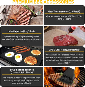 34Pcs Grill Accessories Grilling Gifts for Men, 16 Inches Heavy Duty BBQ Accessories, Stainless Steel Grill Tools with Thermometer, Grill Mats for Backyard, BBQ Gifts Set for Men Women