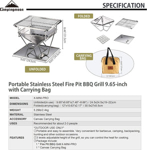 CAMPINGMOON Tabletop Charcoal Grill Small Size Wood Burning Grill and Fire Pit 9.65-Inch Portable Stainless Steel with Carrying Bag X-MINI-PRO
