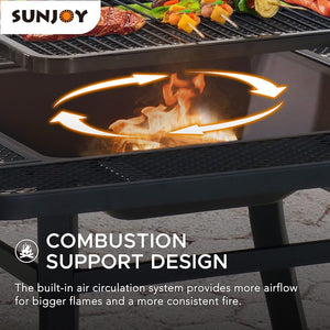 Sunjoy 38 In. Fire Pit for Outside, Square Wood Burning Firepit Large Steel Fire Pits with Adjustable Cooking Swivel BBQ Grill and Fire Poker Black