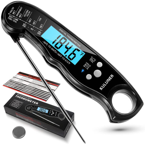 Image of KULUNER TP-01 Waterproof Digital Instant Read Meat LCD Thermometer with 4.6” Folding Probe Backlight & Calibration Function for Cooking Food Candy, BBQ Grill, Liquids,Beef(Black)