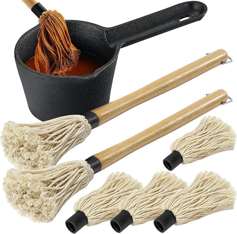 Image of Cast Iron Sauce Pot and BBQ Mop Brush Set for Grilling, 7 Pcs Barbecue Accessories Include Heat Preservation Heavy Basting Melting Pot, 2Pcs Wooden Long Handle Sauce Mops with 4Pcs Replacements