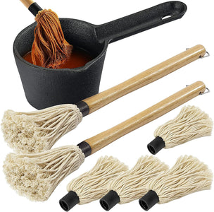 Cast Iron Sauce Pot and BBQ Mop Brush Set for Grilling, 7 Pcs Barbecue Accessories Include Heat Preservation Heavy Basting Melting Pot, 2Pcs Wooden Long Handle Sauce Mops with 4Pcs Replacements