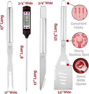 Grill Accessories - 4 Piece BBQ Tool Grill Set - Grill Tools Includes Stainless Steel Metal Spatula, Fork, Tongs and Instant Read Meat BBQ Thermometer - Great for Gifts