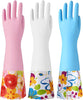 3 Pairs Rubber Cleaning Gloves, Household Kitchen Dishwashing Gloves with Cotton Flocked Liner, Long Cuff 16", Reusable, Non-Slip (Medium, Blue+Pink+White)