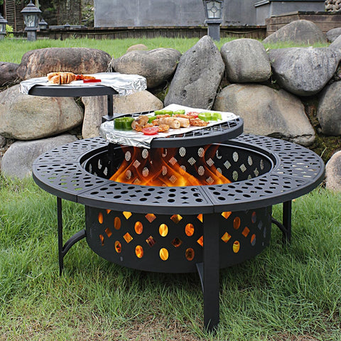 Image of Outvue 36 Inch Fire Pit with 2 Grills, Wood Burning Fire Pits for outside with Lid, Poker and round Waterproof Cover, BBQ& Outdoor Firepit & round Metal Table 3 in 1 for Patio, Picnic, Party (36 Inch)