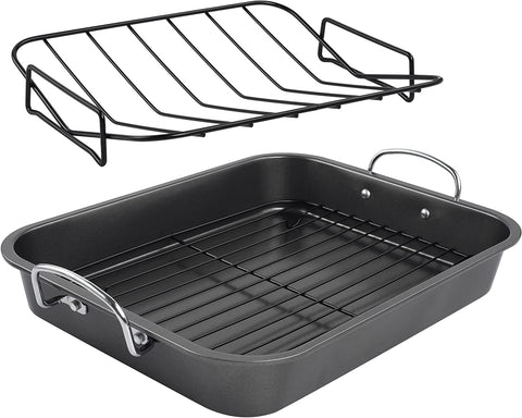 Image of Kitcom Nonstick Roasting Pan, Roaster with Rack - 16 Inch Rectangular Grill Suitable for Turkey, Roast Chicken, Ham, Dishwasher Safe (9.5QT)