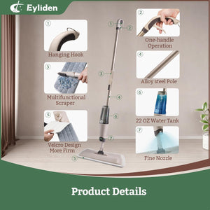 Eyliden Spray Mop, Mops for Floor Cleaning with 2Pcs Microfiber Reusable Pads and 22 Oz Bottle, Wet Jet Flat Mop for Wood Hardwood Laminate Ceramic Tiles Floor Cleaner Tools