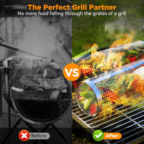 Image of Rolling Grilling Baskets, Crwahie 2 PCS BBQ Grill Basket Stainless Steel round Grill Basket Mesh Grilling Basket Cylinder Portable Outdoor Cooking Accessories for Camping, Picnic Veggies Meat Fries（11.7*3.45）