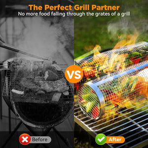 Rolling Grilling Baskets, Crwahie 2 PCS BBQ Grill Basket Stainless Steel round Grill Basket Mesh Grilling Basket Cylinder Portable Outdoor Cooking Accessories for Camping, Picnic Veggies Meat Fries（11.7*3.45）