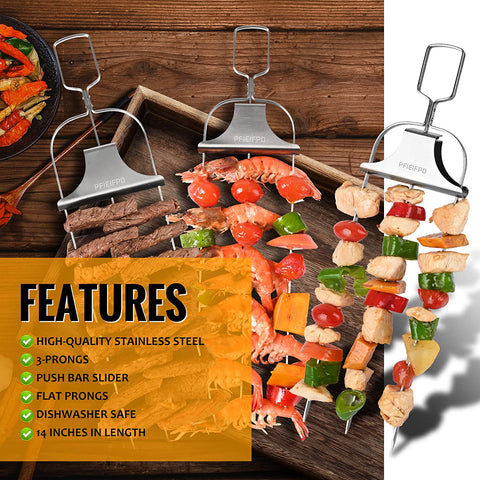 Image of 3PCS Grilling Savant 3 Way Skewers,14 Inch Metal Skewers for Grilling,Easy to Use Push Bar Slider, BBQ Accessory, Perfect for Meat,Veggies,Fruits,Marshmallow Roasting Sticks Grill Kabob Skewer.