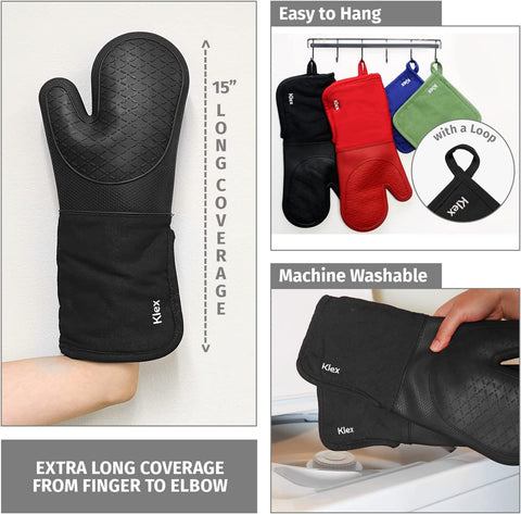 Image of Extra Long Silicone Oven Mitts and Pot Holders, 932°F Degrees Heat Resistance with Quilted Liner Oven Gloves and Hot Pads, 4 Piece Set, 15 Inch, Black