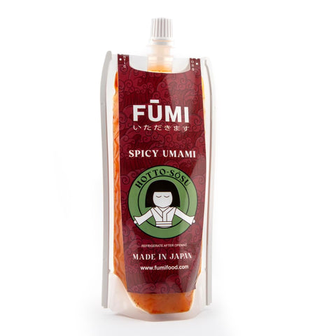Image of FŪMI Japanese Garlic Hot Chili Sauce - Exotic Blend of Garlicy, Spicy, Umami, and Sweet Flavors - Hot Sauce for Wings, Noodles, Pizza, & More - Foodie Gifts, Hot Sauce Gifts - 3.2Oz Easy Squeeze Pouch