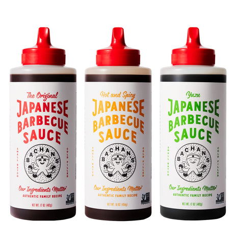 Image of Bachan'S Variety Pack Japanese Barbecue Sauce, (1) Original Hot and Spicy Yuzu, BBQ Sauce for Wings, Chicken, Beef, Pork, Seafood, Noodles, More. Non GMO, No Preservatives, Vegan, BPA Free