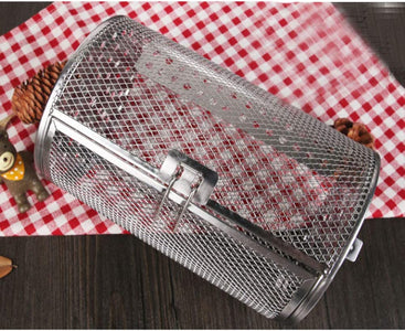 GEZICHTA BBQ Grill Roaster,Stainless Steel Grilled Cage,Bbq Rolling Grill Basket for Vegetables,Rotisserie Grill Peanut Beans French Fries Basket,Silver Grilling Accessories(22 * 11.7 Cm)