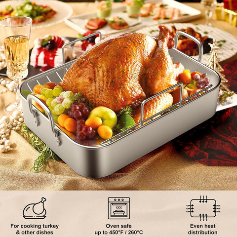 Image of Roasting Pan, EWFEN 17*13 Inch Stainless Steel Turkey Roaster with Rack - Deep Broiling Pan & V-Shaped Rack & Flat Rack, Non-Toxic & Heavy Duty, Great for Thanksgiving Christmas Roast Chicken Lasagna