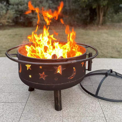 Image of PHI VILLA 30" Outdoor Wood Burning Firepit with Cooking Grate, Patio Deep Bowl Steel Fire Pits for outside with Adjustable Swivel BBQ Grill Pan, Star & Moon Cutouts Pattern, Poker & Spark Screen