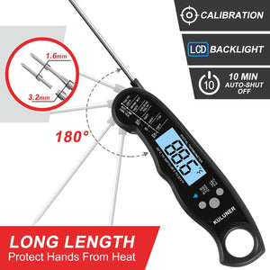 KULUNER TP-01 Waterproof Digital Instant Read Meat LCD Thermometer with 4.6” Folding Probe Backlight & Calibration Function for Cooking Food Candy, BBQ Grill, Liquids,Beef(Black)