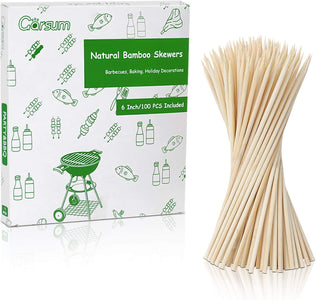 Garsum Natural BBQ Bamboo Skewers, Wooden Skewers for Assorted Fruits, Kebabs, Grill, Highly Renewable Natural Resources, Suitable for Kitchen, Party, Food Catering and Crafting 6"(100 PCS)