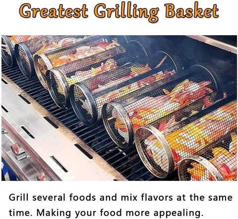 Image of Grill Basket 2PCS Rolling Grilling Baskets for Outdoor Grilling,Bbq Net Tube Stainless Steel, Greatest Grilling Basket Ever round Grill Basket Portable Grill Outdoor Camping Barbecue for Vegetables,Fries,Fish(7.9"X3.5"X3.5")