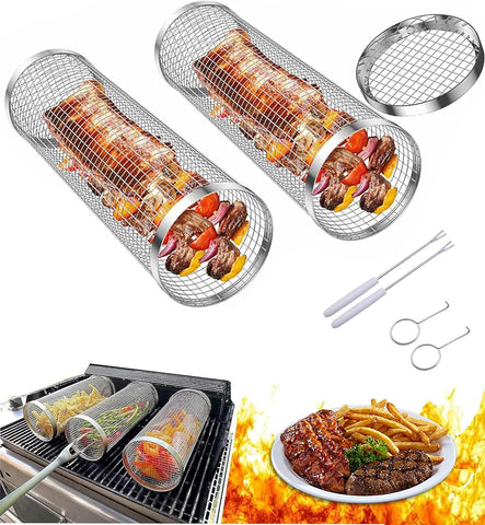 Image of HADANIA 2 PCS Rolling Grill Basket (12 Inches), BBQ Grill Basket, Rolling Grilling Basket, Stainless Steel Barbeque Basket, Portable Grill Basket for Outdoor Grill for Fish, Shrimp, Meat, Vegetables, Fries