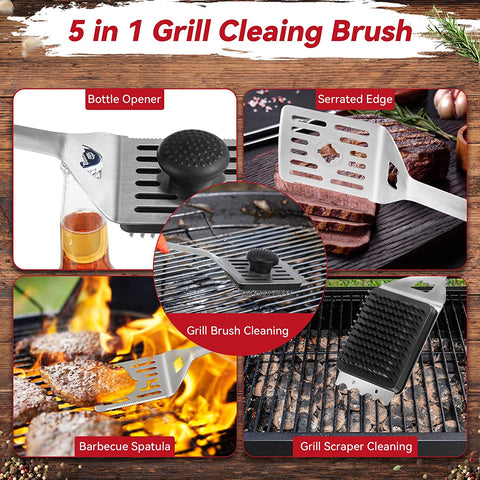 Image of Dreyoo Grill Brush and Scraper, 5 in 1 Wire BBQ Grill Brush for Outdoor Grill with Replaceable Head, 16.5'' Safe Stainless Grill Cleaning Brush Grill Accessories, Ideal Gifts for Grill Lovers Men/Dad