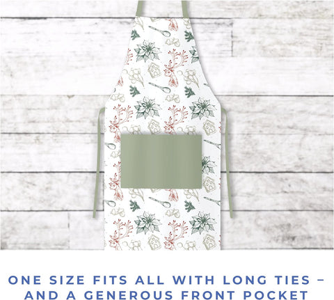 Image of Chef Apron for Cooking, Baking, Grilling, Cleaning, Gardening, Serving - 100% Cotton with Adjustable Neck Strap, Front Pocket and Long Tie 4 Piece Green & Red