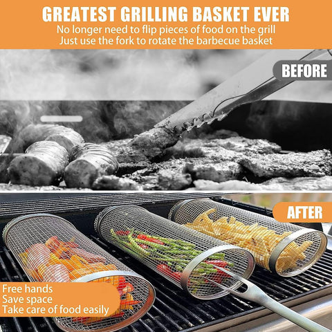 Image of HADANIA 2 PCS Rolling Grill Basket (12 Inches), BBQ Grill Basket, Rolling Grilling Basket, Stainless Steel Barbeque Basket, Portable Grill Basket for Outdoor Grill for Fish, Shrimp, Meat, Vegetables, Fries