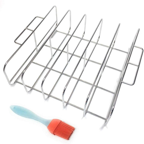 Image of Cataumet BBQ Rib Rack Holder Smoking Rack with Silicone Basting Brush Fits Big Egg Kettle Style Grills Gas Grills Smokers Made with Genuine 304 Stainless Steel