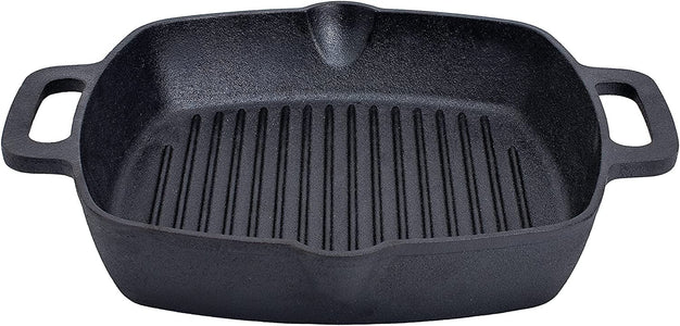 10" Square Cast Iron Grill Pan Steak Pan Pre Seasoned Grill Pan with Easy Grease Drain Spout, with Large Loop Handles for Grilling Bacon, Steak, and Meats