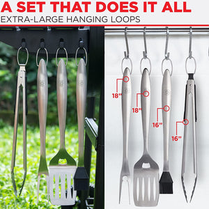 Grill Set Heavy Duty BBQ Accessories - BBQ Gifts Tool Set 4Pc Grill Accessories with Spatula, Fork, Brush & BBQ Tongs - Grilling Cooking Gifts for Men Dad Durable, Stainless Steel