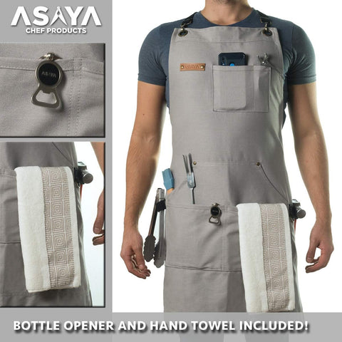 Image of Chef, BBQ and Work Apron with Bottle Opener and Hand Towel -Durable 10Oz Cotton Canvas,Brass Hardware, and Cross Back Straps-Perfect for Men and Women,Grilling, Cooking or in the Workshop(Grey)
