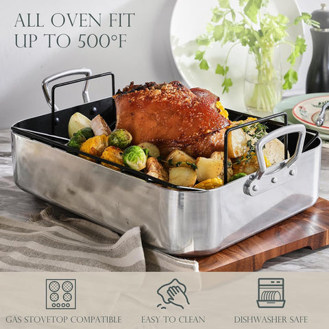 Image of KITESSENSU Hard Anodized Nonstick Roasting Pan with Rack - 16 X 12 Inch Aluminum Turkey Roaster Baking Pan for Oven - Oven Safe & Compatible with All Stovetops, Silver