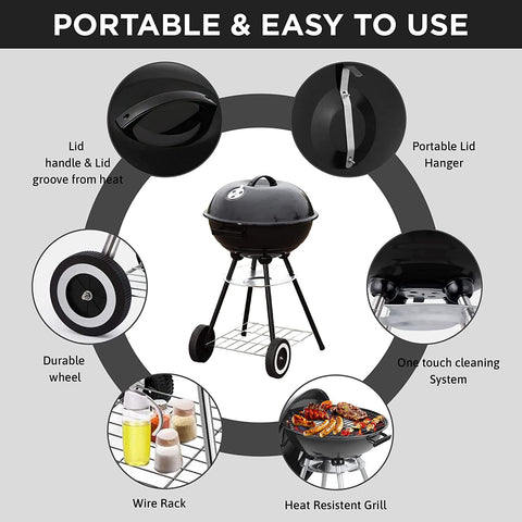 Image of 18 Inch Portable Charcoal Grill with Wheels for Outdoor Cooking Barbecue Camping BBQ Coal Kettle Grill - Heavy Duty round with Thickened Grilling Bowl Wheels for Small Patio Backyard