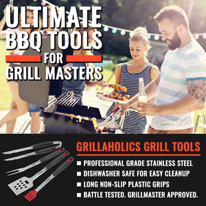 BBQ Grill Tools Set - 4-Piece Heavy Duty Stainless Steel Barbecue Grilling Utensils - Premium Grill Accessories for Barbecue - Spatula, Tongs, Fork, and Basting Brush (Grey)