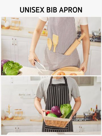 Image of Kitchen Cooking Apron, 2 Pack Adjustable Bib Chef Aprons for Women Men with 2 Pockets, L-Black/Brown Stripes