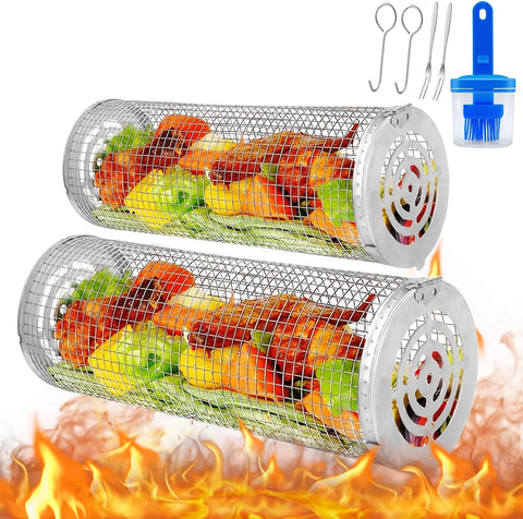 Image of Rolling Grilling Baskets for Outdoor Grill, 2 PCS BBQ Stainless Steel round Mesh Grill Basket Cylinder Grilling Basket Cooking for Vegetable Fish, Meat Fries