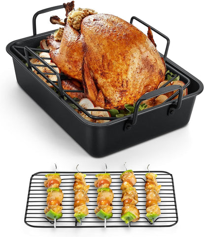 Image of Teamfar Roasting Pan, 14Inch Coated Turkey Roaster Lasagna Pan with V-Shaped Rack & Flat Rack, Non-Stick Coating & Stainless Steel Core, Healthy & Heavy Duty, Deep Sides & Easy to Clean, Set of 3