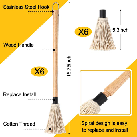 Image of 6 Pcs 18 Inch Grill Basting Mop with 6 Extra Replacement Heads BBQ Sauce Basting Mops Brush with Long Wooden Handle Barbecue Mop for Grilling Marinade Cooking Cleaning Smoking Meat Accessories