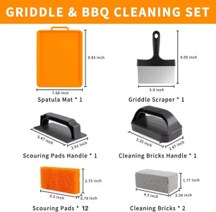 Griddle Cleaning Kit for Blackstone, Flat Top Grill Accessories Cleaner Tool Set- 1 Griddle Scraper, 2 Grill Stone, 1 Heat-Resistant Silicone Spatula Mat, 12 Scouring Pads and 2 Handle, Total 18Pieces