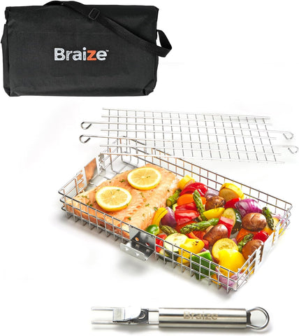 Image of Adjustable Grill Basket with Removable Handle - Grill Baskets for Outdoor Grill BBQ Accessories .Grill Nets, Grilling Accessories. Grill Basket for Veggies, Grilling Baskets for Outdoor Grilling, Fish Grilling Rack for Grill, Fish Grill Basket Braize