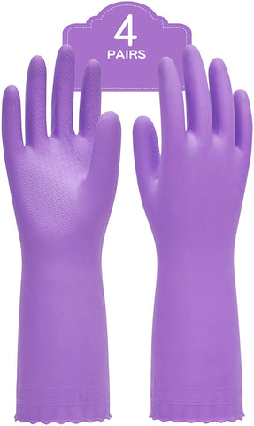 Image of 4 Pairs Reusable Dishwashing Cleaning Gloves with Latex Free, Cotton Lining, Kitchen Gloves, Purple, Medium